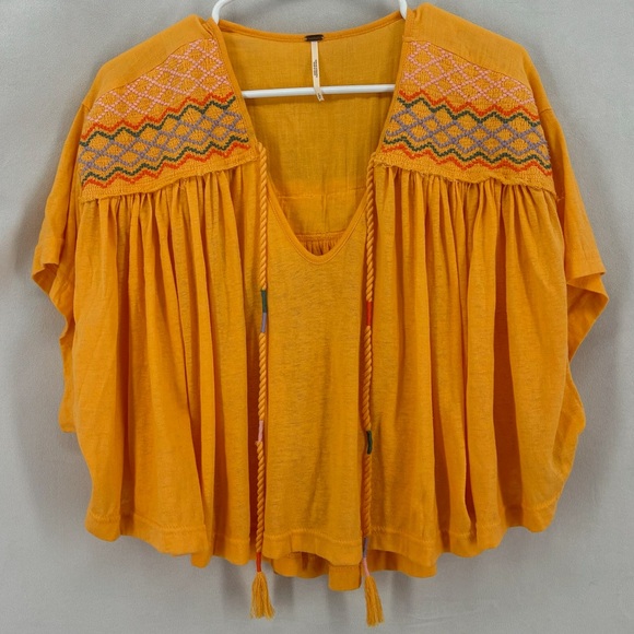 Free People Tops - Free People Women’s Small Orange Embroidered Tie-Neck Cropped Flowy Ruffle Top